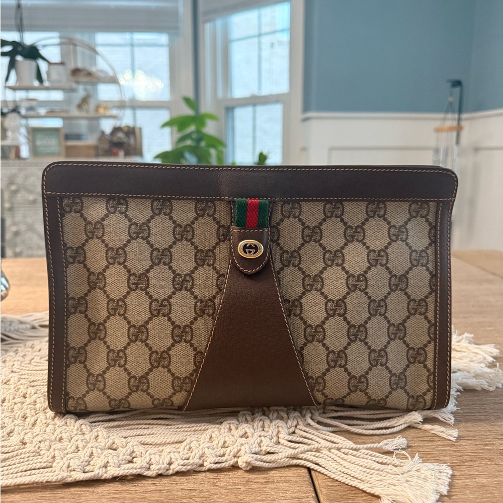 GUCCI Vintage Sherry Line Beige and Brown Monogram Clutch